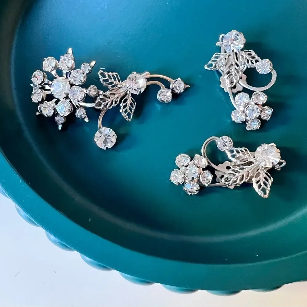 Sparkly 3 Pc Vintage MCM 1950s 1960s Rhinestone Floral Clip Earrings Brooch Set